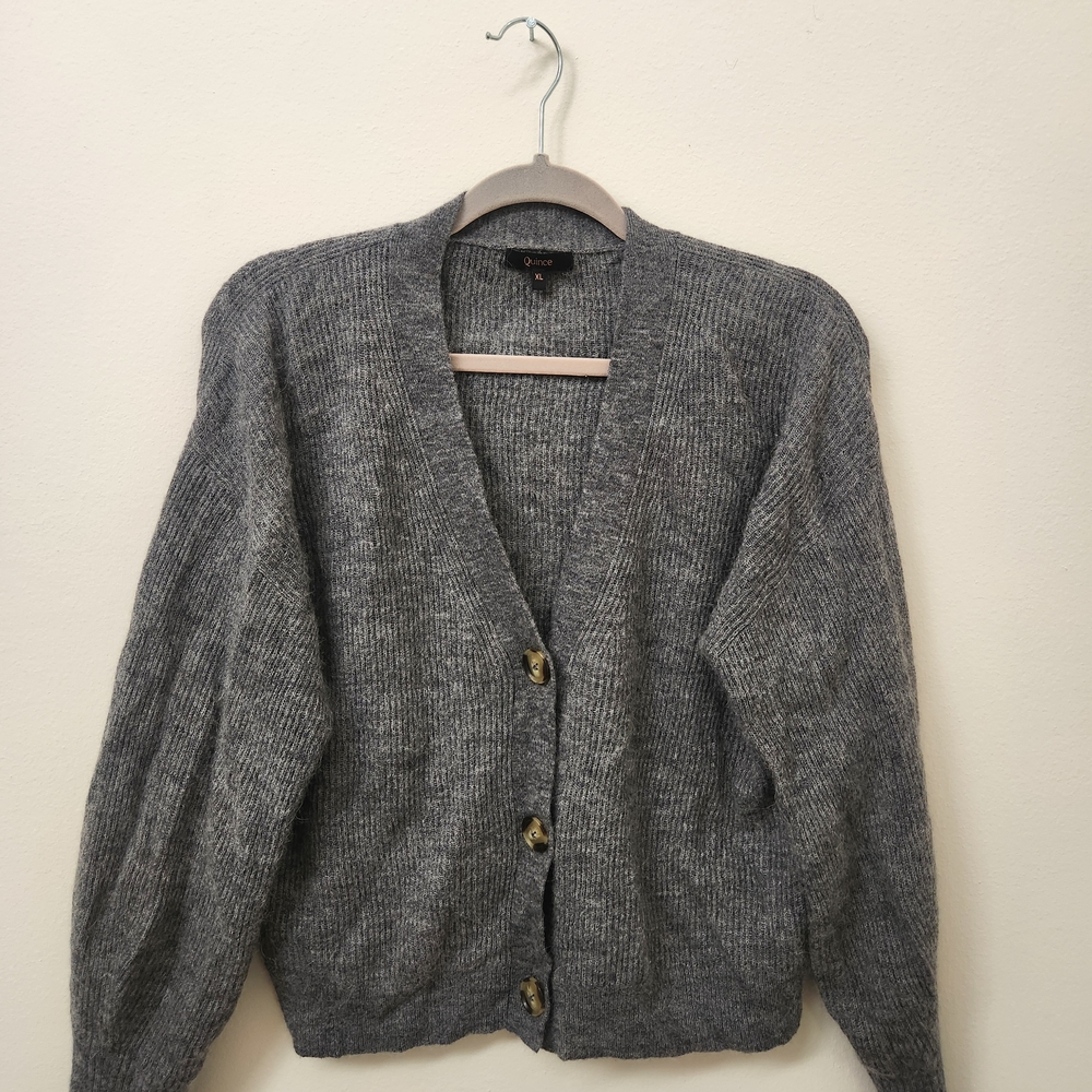 Quince Women's Cropped Baby Alpaca & Merino Wool Cardigan Sweater Gray XL